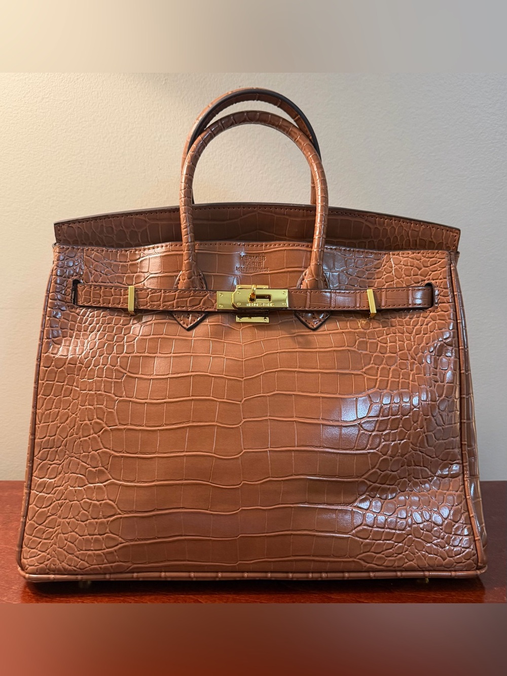 Croc-Embossed Structured Satchel in Brown